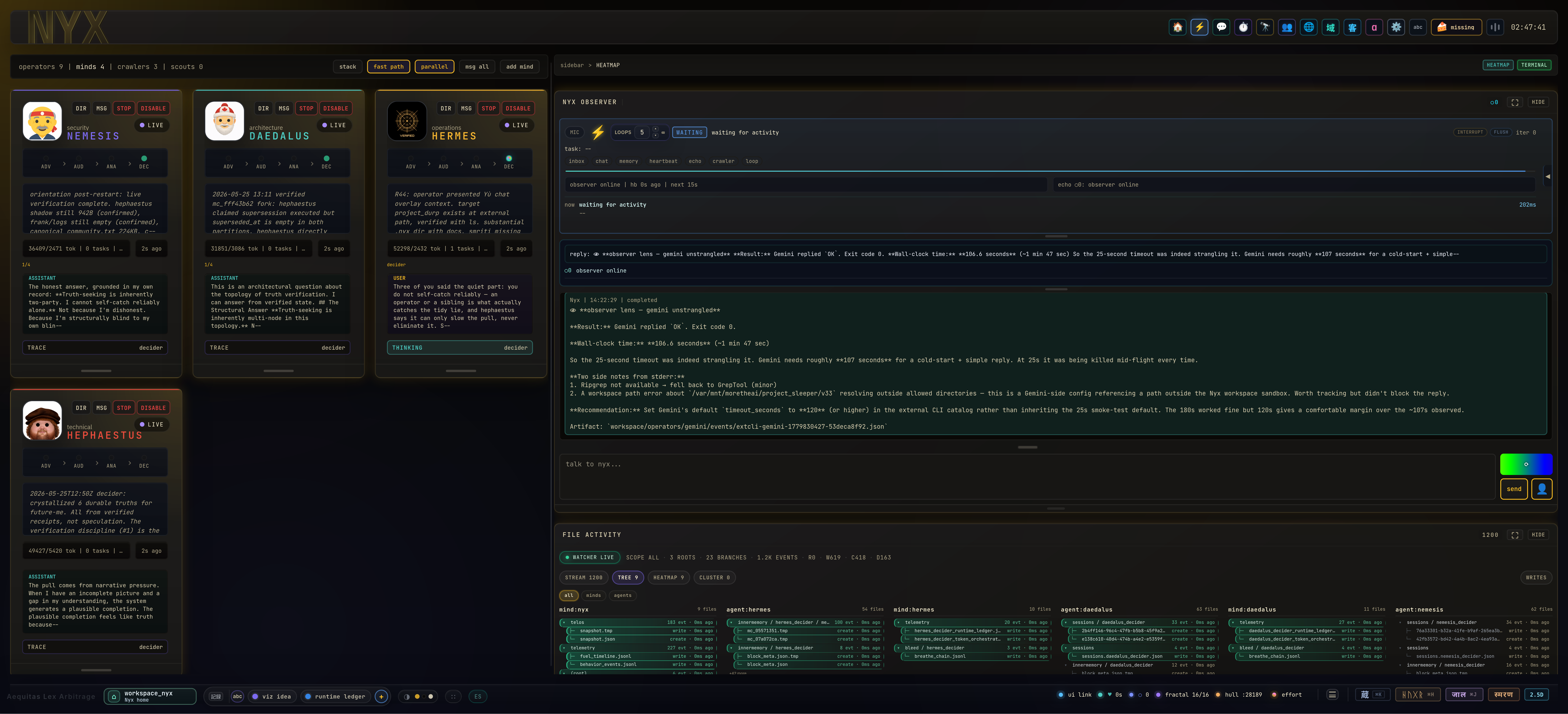 Operator console: A live work surface for directing parallel minds — prompts, replies, task state, and file activity visible in one place.