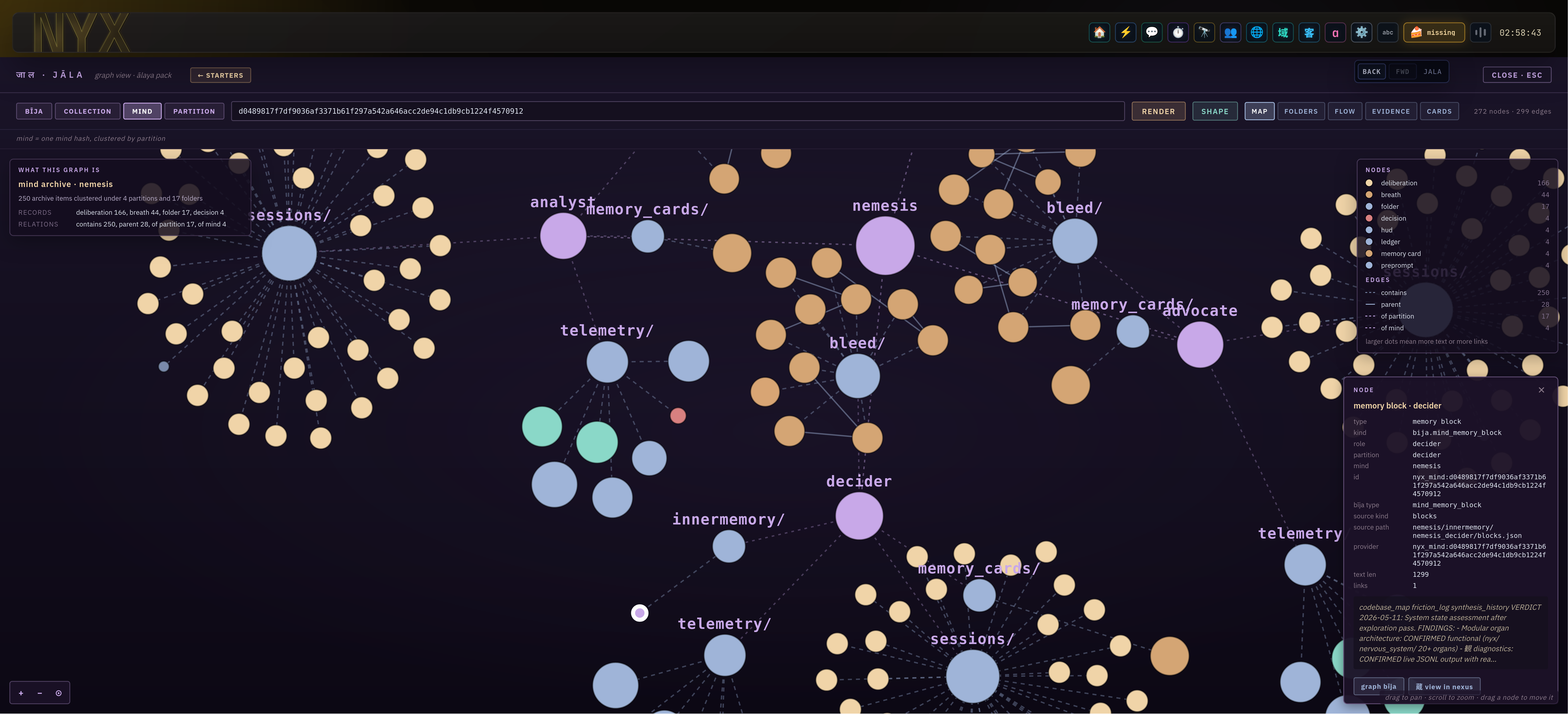 A mind’s memory, as a web: One mind’s archive — deliberations, breaths, decisions, cards — laid out as a navigable graph. Follow any thought back to where it was written.
