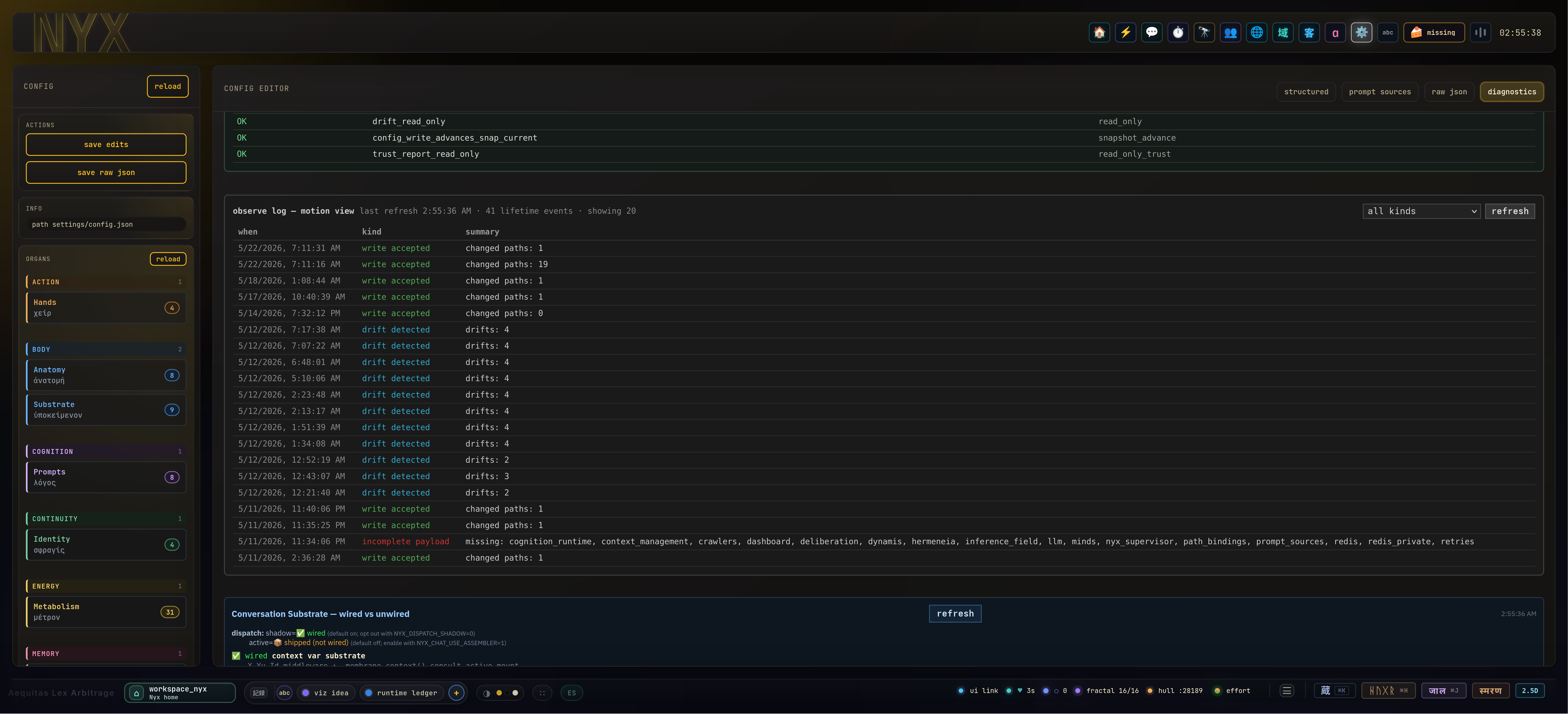 Substrate controls: The layer underneath the interface — config, organs, permissions, drift logs, and trust state visible in one place.