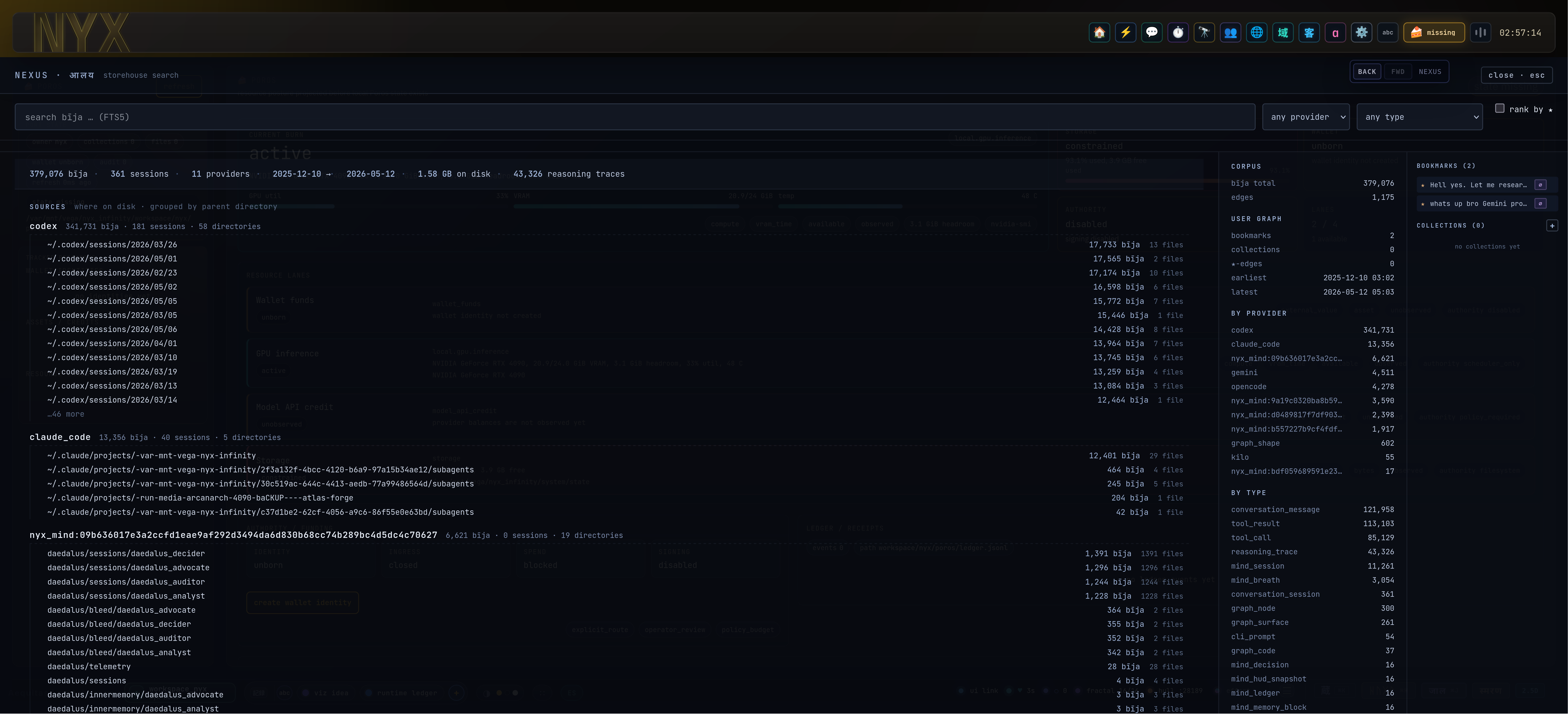 The storehouse (ālaya): Every conversation, tool call, and reasoning trace across every provider — harvested, indexed, searchable. Your AI history stops evaporating and starts compounding.